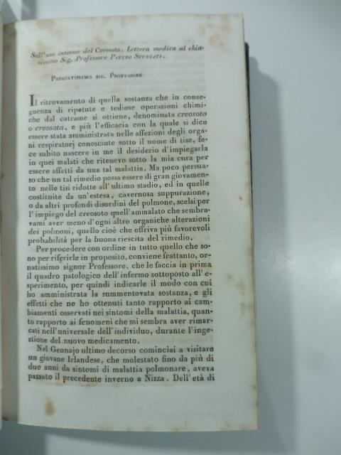 Sull'uso interno del creosoto. Lettera medica al chiarissimo sig. P. Studiati. (Stralcio da: Nuovo giornale de' letterati. N. 74. 1834) - copertina