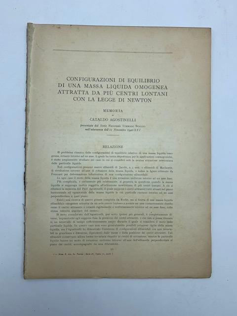Configurazioni di equilibrio di una massa liquida omogenea attratta da piu' centri lontani con la legge di Newton - copertina