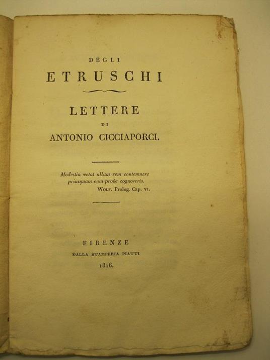 Degli Etruschi. Lettere di Antonio Cicciaporci - copertina