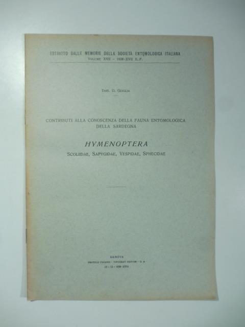 Contributi alla conoscenza della fauna entomologica della Sardegna. Hymenoptera. Scoliidae, sapygidae, vespidae, sphecidae - copertina