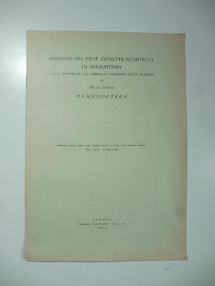 Missione del Prof. Giuseppe Scortecci in Migiurtinia Hymenoptera - copertina