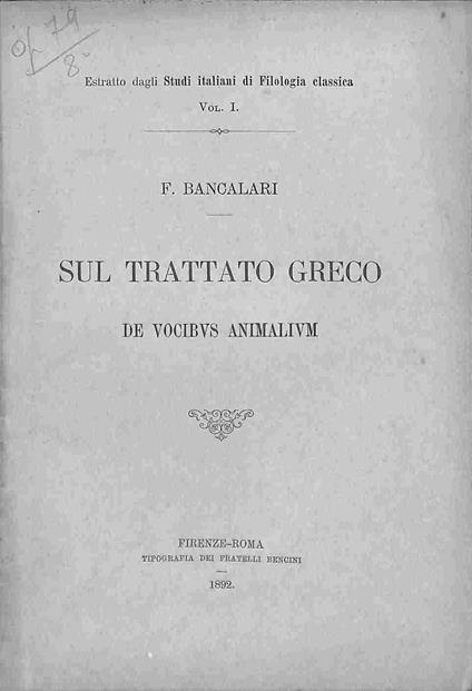 Sul trattato greco De vocibus animalium - copertina