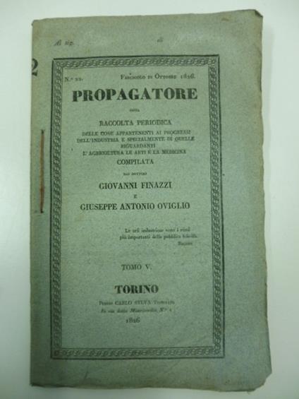 Propagatore ossia raccolta periodica delle cose appartenenti ai progressi dell'industria e specialmente di quelle riguardanti l'agricoltura le arti e la medicina..., n. 22, fascicolo di ottobre 1826 - copertina