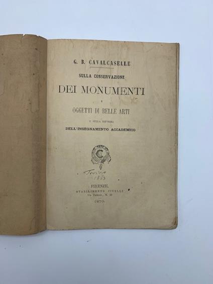 Sulla conservazione dei monumenti e oggetti di belle arti e sulla riforma dell'insegnamento accademico - copertina