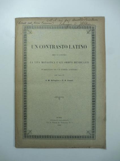 Un contrasto latino pro e contro la vita monastica e gli ordini mendicanti pubblicato da un codice aostano - copertina