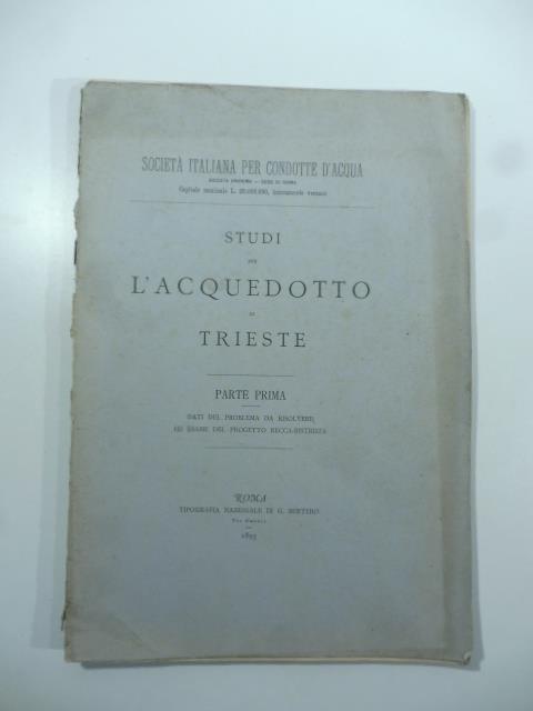 Studi per l'acquedotto di Trieste. Parte prima. Dati del problema da risolvere ed esame del progetto Recca-Bistrizzi - copertina