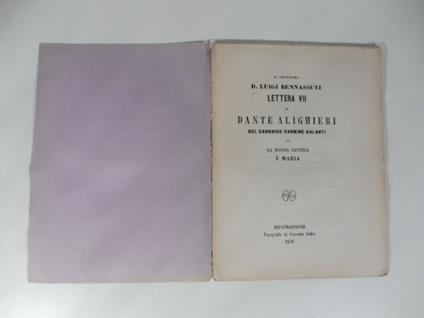 Al chiarissimo D. Luigi Bennassuti. Lettera VI su Dante Alighieri. Lucia e' simbolo della Chiesa - copertina