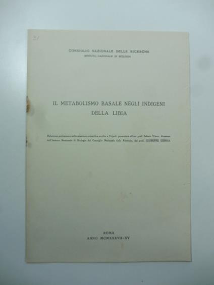 Il metabolismo basale negli Indigeni della Libia - copertina