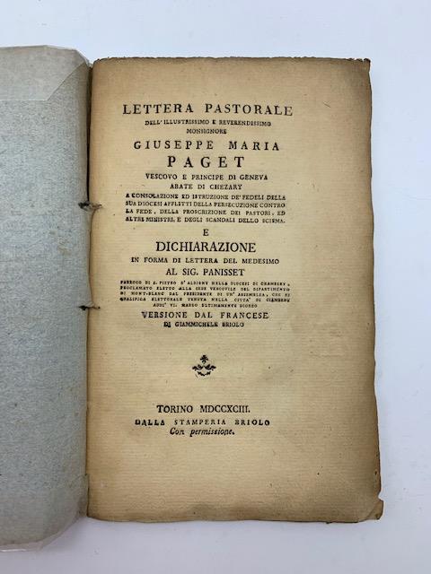 Lettera pastorale dell'illustrissimo Giuseppe Maria Paget vescovo e principe di Geneva.. - copertina