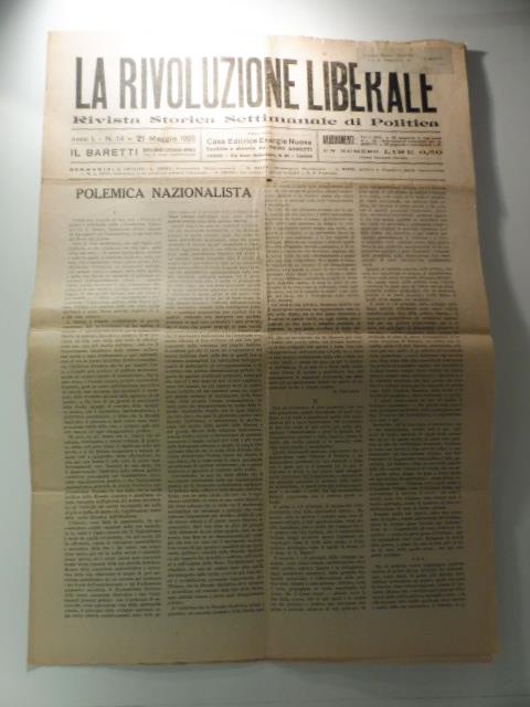 La rivoluzione liberale. Rivista storica settimanale di politica, anno I, n. 14, 21 maggio 1922 - copertina