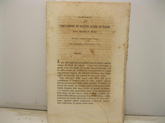 Rapporto sull'educazione di alcune razze di bachi del bombyx mori (letto nell'adunanza del 27 dicembre 1854) - copertina