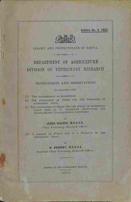 Colony and Protectorate of Kenya. Department of Agriculture. Division of Veterinary Research. The trasmission of rinderpest - copertina