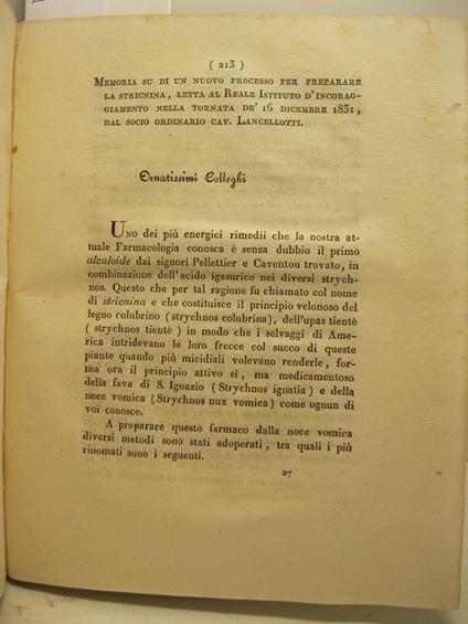 Memoria su di un nuovo processo per preparare la stricnina.. - copertina