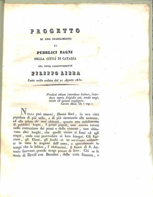 Progetto di uno stabilimento di pubblici bagni pella citta' di Catania - copertina