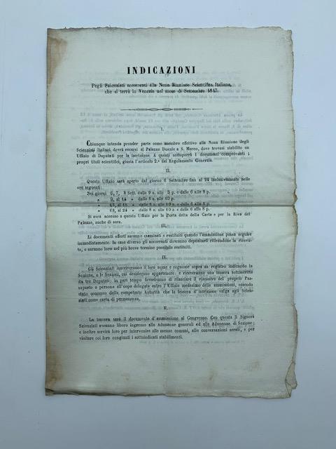 Indicazioni per gli scienziati accorrenti alla Nona Riunione Scientifica Italiana che si terra' in Venezia nel mese di settembre 1847 - copertina