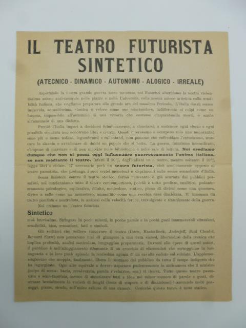 Il teatro futurista sintetico (atecnico - dinamico - autonomo - alogico - irreale) - copertina