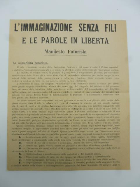 L' immaginazione senza fili e le parole in liberta'. Manifesto futurista - copertina