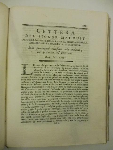 Lettera del signor Mauduit dottor reggente della facolta' medica di Parigi membro della Societa' R. di medicina sulle precauzioni necessarie nelle malattie che si curano coll'elettricita'. Rozier, marzo 1778 - copertina