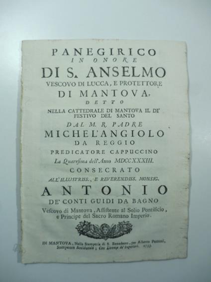 Panegirico in onore di S. Anselmo vescovo di Lucca e protettore di Mantova detto nella Cattedrale di Mantova il di' festivo del Santo - copertina