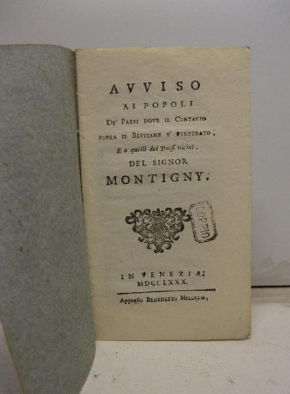 Avviso ai popoli de' paesi dove il contagio sopra il bestiame e' penetrato e a quelli dei paesi vicini - copertina