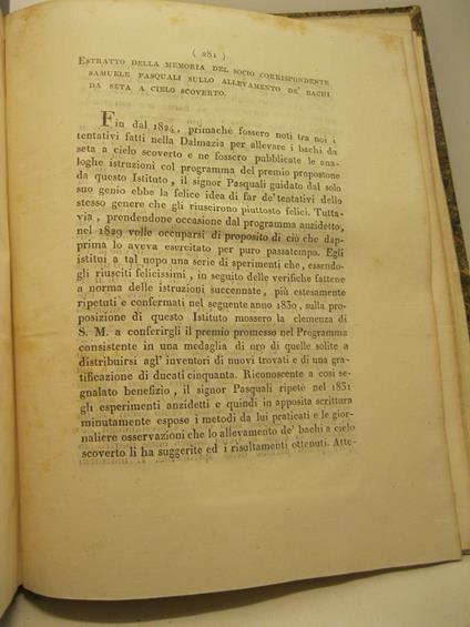 Estratto dalla memoria del socio corrispondente Samuele Pasquali sullo allevamento de' bachi da seta a cielo scoverto - copertina