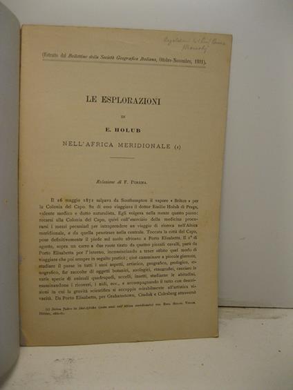 Le esplorazioni di E. Holub nell'Africa meridionale. Estratto dal Bullettino della Societa' Geografica Italiana, ottobre-novembre 1881 - copertina