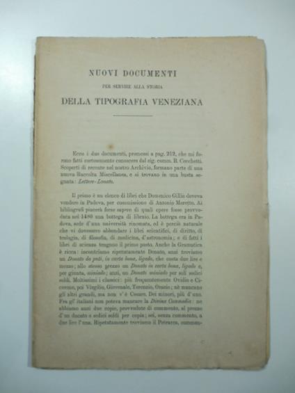 Nuovi documenti per servire alla storia della tipografia veneziana - copertina