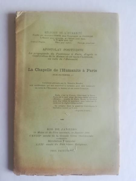 La Chapelle de l'Humanite' a Paris. Circulaire adressee... aux occidentaux qui ont contribue' a racheter pour etre consacree au culte de l'Humanite'.. - copertina