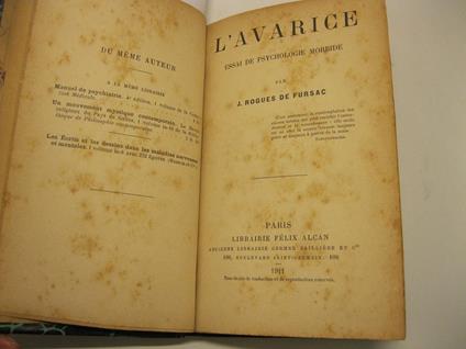 L' avarice. Essai de psychologie morbide - copertina