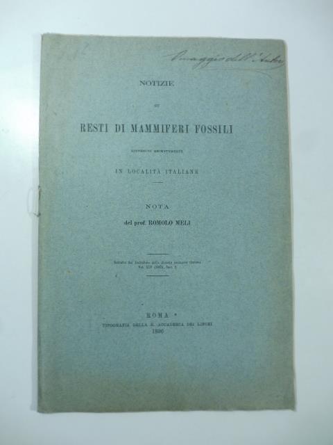 Notizie su resti di mammiferi fossili rinvenuti recentemente in localita' italiane - copertina