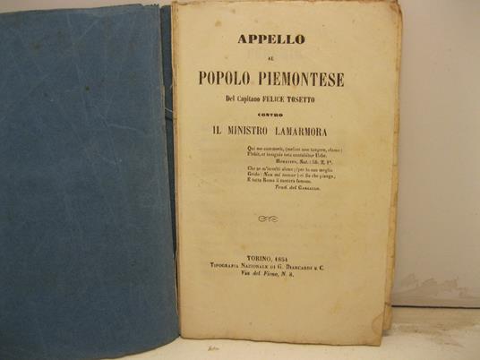 Appello al popolo piemontese del Capitano Felice Tosetto contro il Ministro Lamarmora - copertina