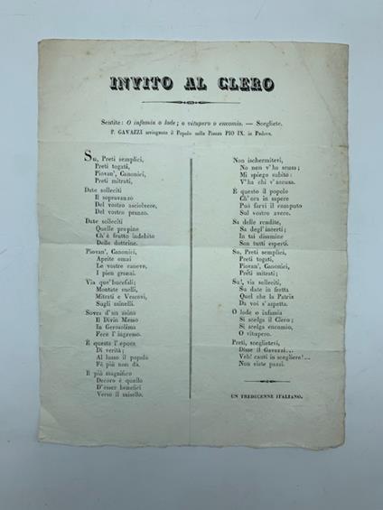 Invito al clero. Sentite: O infamia o lode o vitupero o encomio. Scegliete. P. Gavazzi arringante il Popolo nella Piazza Pio IX in Padova - copertina