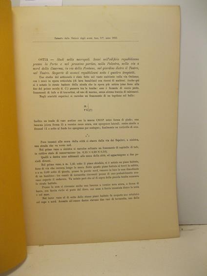 Ostia. Studi nella necropoli. Scavi nell'edificio repubblicano presso la Porta e nel prossimo portico, nella palestra, nella via a nord della caserma, in via della Fontana, nel giardino dietro l teatro, nel teatro. Scoperte di avanzi repubblicani sot - copertina