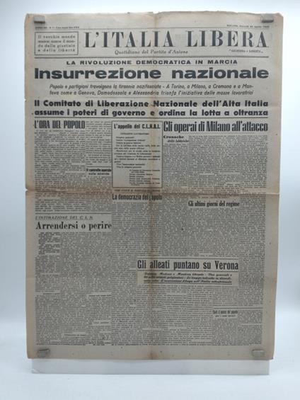 L' Italia libera. Quotidiano del Partito d'Azione. Anno III. N. 7. Milano, Giovedi' 26 aprile 1945 - copertina