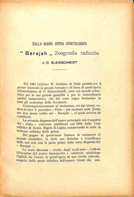 Sulla nuova opera ornitologica Berajah Zoografia infinita di O. Kleinschmidt - copertina