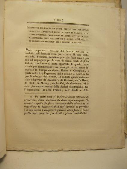Descrizione ed uso di un nuovo apparecchio per introdurre nell'intestino retto il fumo di tabacco o di altre sostanze.. - copertina