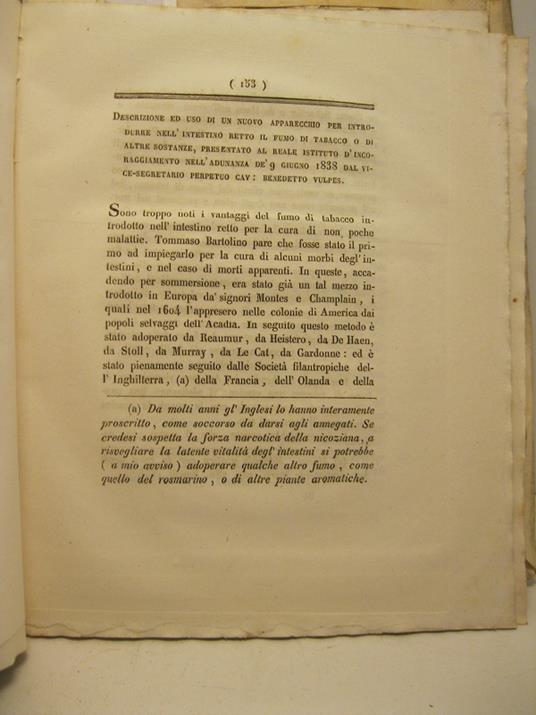 Descrizione ed uso di un nuovo apparecchio per introdurre nell'intestino retto il fumo di tabacco o di altre sostanze.. - copertina