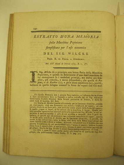 Estratto d'una memoria sulla macchina papiniana semplificata per l'uso economico del sig. Wilcke - copertina
