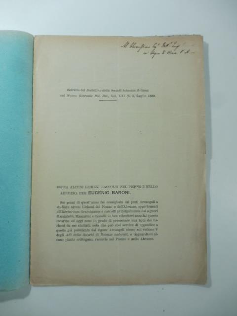 Sopra alcuni licheni raccolti nel Piceno e nello Abruzzo - Eugenio Baroni - copertina