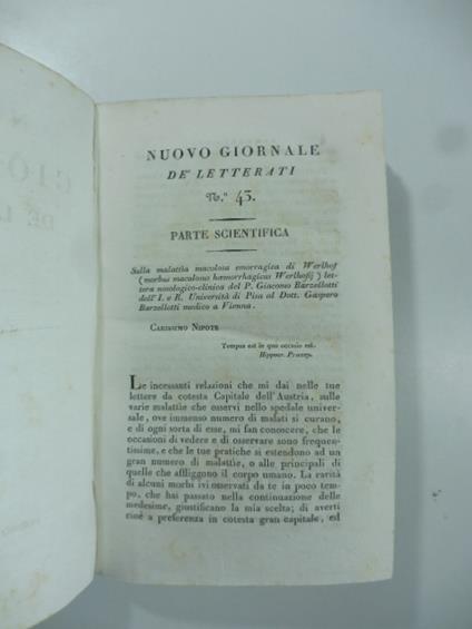 Sulla malattia macolosa emorragica di Werlhof...lettera nosologico - clinica del P. G. Barzellotti... a Gaspero Barzellotti medico a Vienna. (Stralcio da: Nuovo giornale de' letterati. N. 43. 1829) - Giacomo Barzellotti - copertina