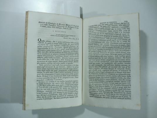 Manuale di fisiologia di Michele Medici Prof. di essa nella Pontificia Universita' di Bologna in 2 volumi...(Stralcio da: Nuovo giornale de' letterati. N. 71. 74. 1833 - 1834) - Giacomo Barzellotti - copertina