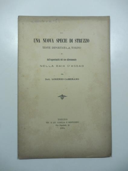 Una nuova specie di struzzo teste' importata a Torino e dell'opportunita' del suo allevamento nella baia d'Assab - Lorenzo Camerano - copertina