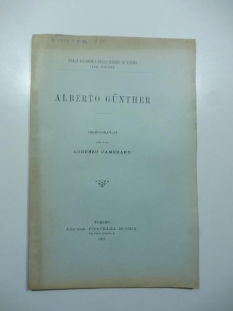 Alberto Gunther. Commemorazione - Lorenzo Camerano - copertina