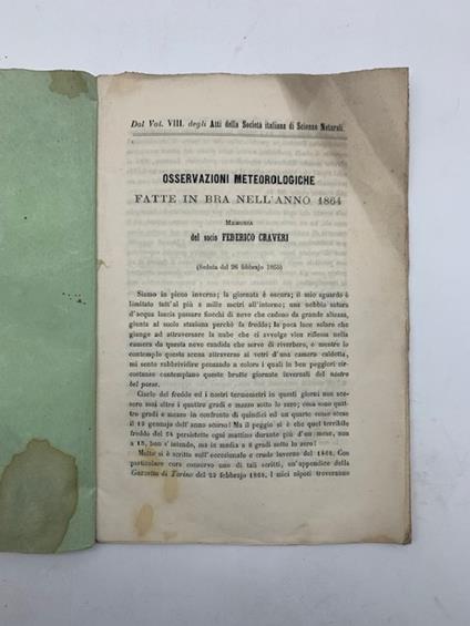 Osservazioni meteorologiche fatte in Bra nell'anno 1864. Memoria - Federico Craveri - copertina