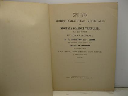 Specimen morphographiae vegetalis seu neophyta quaedam vascularia aliaque critica in agro Veronensi collecta et inlustrata - Agostino Goiran - copertina