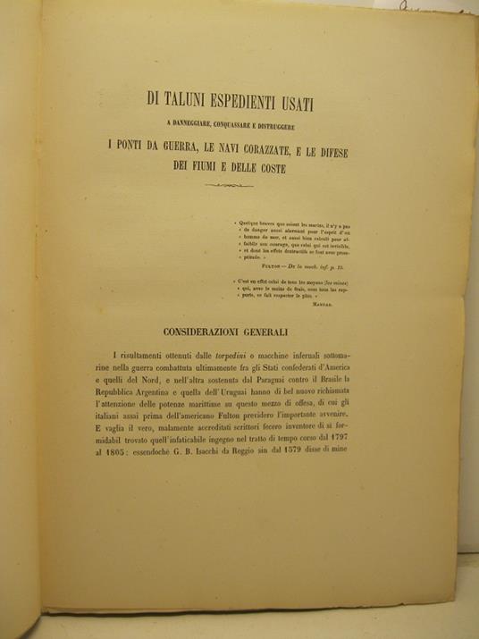 Di taluni espedienti usati a danneggiare, conquassare e distruggere i ponti da guerra, le navi corazzate e le difese dei fiumi e delle coste - Giuseppe Novi - copertina