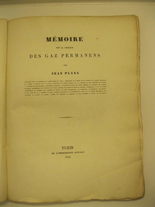 Memoire sur le chaleur des gaz permanens par J. Plana - Giovanni Plana - copertina