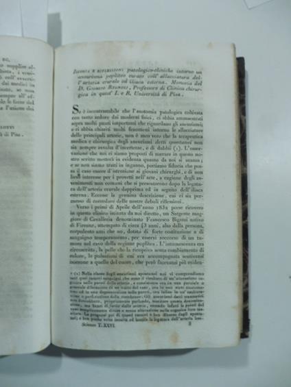 Istoria e riflessioni patologiche - cliniche intorno un aneurisma popliteo curato coll'allacciatura dell'arteria...(Stralcio da: Nuovo giornale de' letterati. N. 68. 1833) - Giorgio Regnoli - copertina