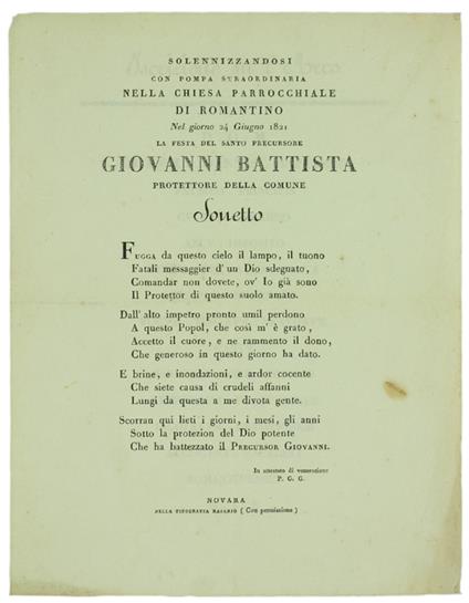 Solennizzandosi Con Pompa Straordinaria Nella Chiesa Parrocchiale Di Romantino Nel Giorno 24 Giugno 1821 La Festa Del Santo Precursore Giovanni Battista Protettore Della Comune - copertina