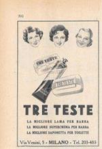 Tre Teste. Lame da barba, crema da barba, saponette. Advertising 1947